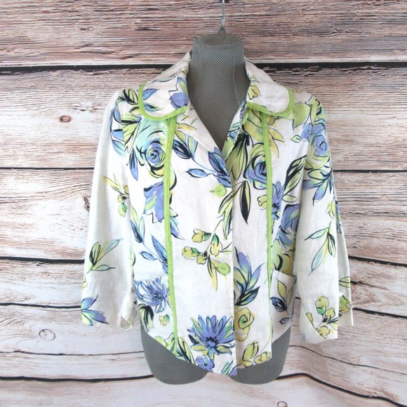 Saint Tropez West Med Linen Blazer Spring Floral Pattern - Picture 1 of 6